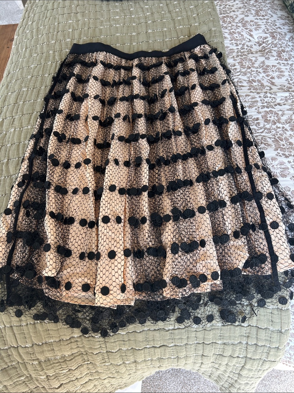 J Crew, Black Lace Overlay Polka Dot Skirt with Nude Lining
